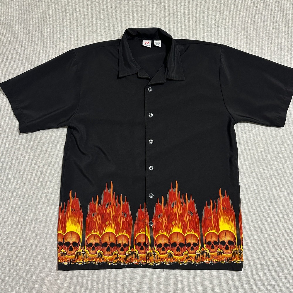 Anchor Blue Black Flaming Skulls Button Up Bowling Camp Shirt Y2K Mens Large